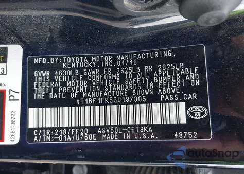 2016 Toyota Camry Se z USA, uszkodzony, nr VIN 4T1BF1FK5GU187305